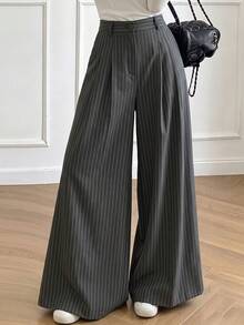 Vertical Striped High-Waist Pleated Wide Leg Suit Pants, Women's Loose Formal Trousers - Grey - View 3