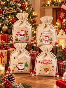 5PCS Christmas Gift Bags, Drawstring Holiday Treat Bags, Santa Snowman Reindeer Bear Print, Candy Gift Packaging, Christmas Party Favor Bags - View 2