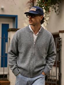 Men's Simple Solid Color Casual Loose Fit Long Sleeve Zip-Up Knit Cardigan Sweater, Suitable For Autumn/Winter - Grey - View 2