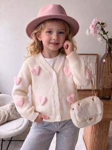 Girls' Fashionable Cute 3D Heart Pattern V-Neck Knit Cardigan, Soft & Comfortable, Casual Elegant Style, Button Design, Suitable For Spring/Autumn, Vacation, Party, School, Cycling, Home And Other Occasions - Apricot - View 3