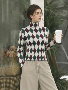 Pull col roulé slim fit décontracté en maille à imprimé argyle pour femmes, manches longues, motif Noël/vacances d'automne/hiver, t-shirt pour le quotidien - Multicolore - Voir 3