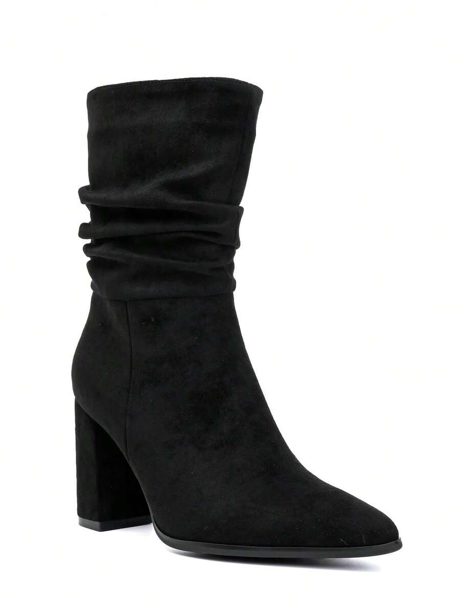 Mid-Calf Pleated Suede Ankle Boots With High Heels – - Black - View 1