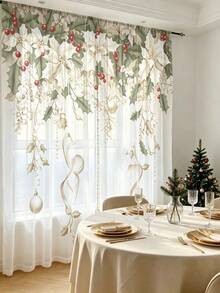 2件組聖誕薄紗窗簾，花卉印花搭配紅莓與珍珠裝飾，聚酯纖維半透明穿桿式窗飾，可機洗，現代設計，適用客廳、臥室、辦公室與節日裝飾 - 彩色 - 查看 6