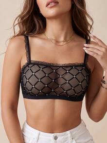 Women's Fashion Sequin Contrast Mesh Bra, Adjustable Straps, Wireless Comfortable - Black - View 3