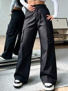 Women's Elastic Waist Wide Leg Cargo Pants, Casual Solid Color Multi-Pocket Loose Straight Leg Streetwear Long Pants - Black - View 1