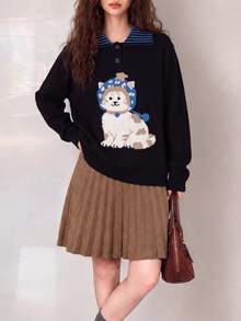 Women's College Style Jacquard Cat Knit Pullover Sweater, Striped Collar, Long Sleeve Regular Fit, Winter Fashion - Black - View 3