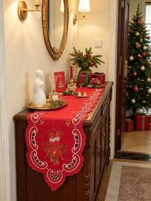 1pc 100% Polyester Embroidered Christmas Table Runner, Red Hollow Cutwork Candle Design Table Scarf, Xmas Holiday Dining Table Centerpiece Decor - Red - View 1