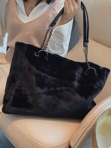 Tote Bag, Loose Large Size Bag Shape, Shoulder Strap Combined With Chain And Webbing Splicing Design, Bag Opening With Wavy Shape. Ample Storage Space For Books, Tablets And Other Personal Items, Shoulder Carry, Casual And Elegant Style, Suitable For Daily Outings - Black - View 3