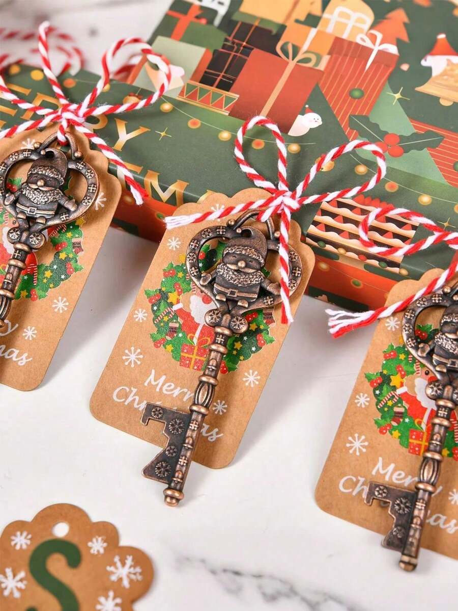 3/5/10pcs Santa Claus Themed Key Bottle Opener, Christmas Tree Party Decoration Gift, Santa Claus Key Party Favor, With Card And Rope, Suitable For Party And Holiday Gift, Christmas Tree Hanging Decoration Set, Christmas Decoration And Stocking Filler, Creative Christmas Gift, Christmas Gift Box - Multicolor - View 1