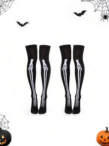 2 Pairs/1 Pair Halloween Cosplay Skeleton Print Over-The-Knee Socks, Creative Atmosphere Holiday Outfit Socks, Suitable For Parties, Performances, Parades, Dances - Multicolor - View 9