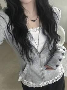 Waist-Cinching Zipper Hoodie, Hot Girl Style, Versatile Loose Fit Autumn Jacket, Hooded Top - Grey - View 4