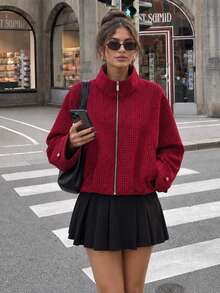 MUMRAP Women's Casual Plaid Long Sleeve Stand Collar Zipper Short Jacket - Red - View 8