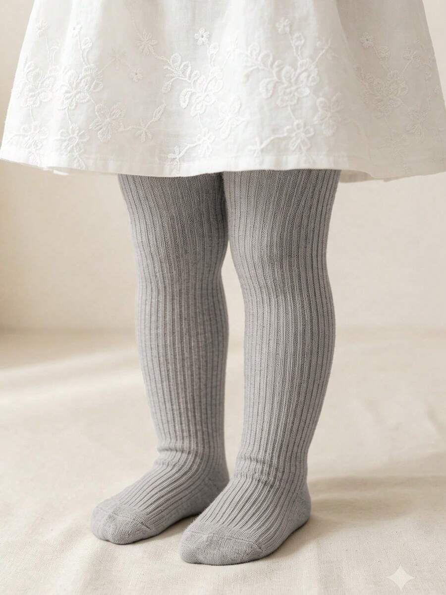 1雙細豎條紋兒童褲襪,百搭極簡女孩褲襪,春秋純色雙針女孩褲襪 - 灰色 - 查看 1