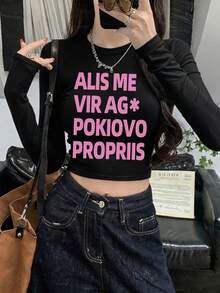 New Black Short Long Sleeve T-Shirt Women Y2K Generation Fun Pink English Print Spring Autumn Korean Style Crew Neck Versatile Casual Slim Fit Top - Black - View 2