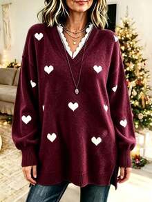 Plus Size Women's Burgundy Knit V-Neck Pullover Sweater, White Heart Print, Essential For Autumn/Winter Warmth - Red - View 5