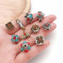 2pcs Carved Alloy Beads Dual Color Inlaid Gemstone Round Square Barrel Beads For DIY Handmade Mala Bracelet Necklace Craft Supplies - Multicolor - View 3