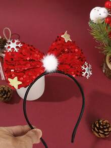 2/1pc Christmas Shiny Red & Green Sequin Large Bow Headband With Snowflake, Star And Pom Pom Decor, Women's Autumn/Winter Holiday Party Hair Accessory - Multicolor - View 8