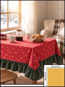 1pc Red Background Gold Christmas Bell Snowflake Print Tablecloth, Traditional Country Style, Rectangular Green Leaf Edge With Pleated Details, Stain-Resistant Protective Tablecloth For Home Long Table, Suitable For Christmas Family Gatherings And Winter Holiday Dining Room Decor - Red - View 14