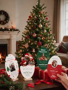 Personalized Oval Cards, Customized Photo And Text, Customized Family Photo Christmas Party Invitation, Merry Christmas Holiday Greeting Card, For Christmas Party Celebration, Customized Christmas Family Gathering Invitation Card, Gift Card/Gift Card/Blessing Card/Invitation/Commemorative Card - Multicolor - View 5