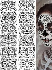 12 Sheets Halloween Sugar Skull Face Temporary Stickers, Day Of The Dead Floral Skull Full Face Stickers, Cosplay Festival Party Face Decorations - Multicolor - View 10