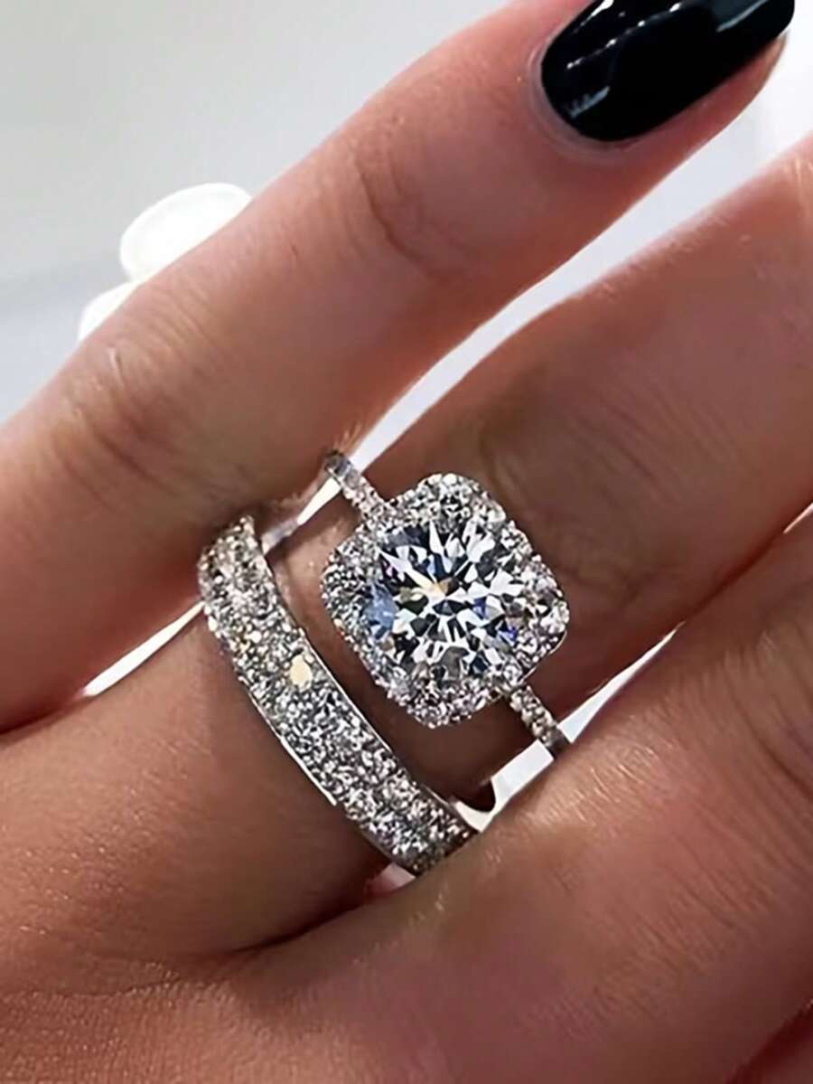 rakol 時尚奢華微鑲鋯石 2 件組女款訂婚婚禮戒指套組，鑲嵌閃亮立方鋯石，完美節日禮物珠寶
