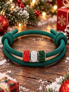 2pcs Christmas Adjustable Knotted Rope Bracelets, Red Green White Rhinestone Beads Wristbands, Holiday Party Decoration Jewelry, Suitable For Men And Women Christmas Gifts - Christmas Woven Bracelet - View 6
