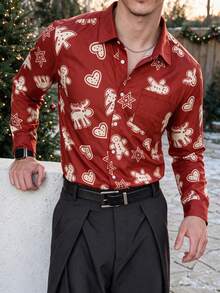 Men's Holiday Christmas Gingerbread Man All-Over Print Stand Collar Long Sleeve Shirt - Multicolor - View 2