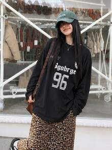 Women's Fashion Autumn/Winter Loose Minimalist Versatile Letter Print Long Sleeve T-Shirt - Black - View 2