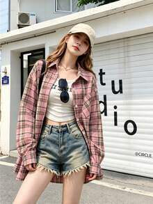 YUXIN Women's American Niche Vintage Plaid Long Sleeve Shirt, Versatile Loose Street Style, Spring/Autumn Essential Shirt - Pink - View 4