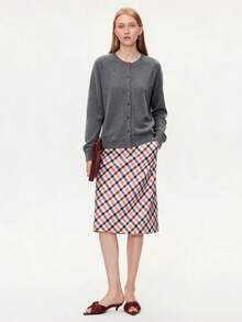 [AURELIA Wool] Solid Gray Ribbed Texture Front Button Office College 100% Wool Minimalist Knit Cardigan Old Money Style Commute Versatile - Grey - View 4