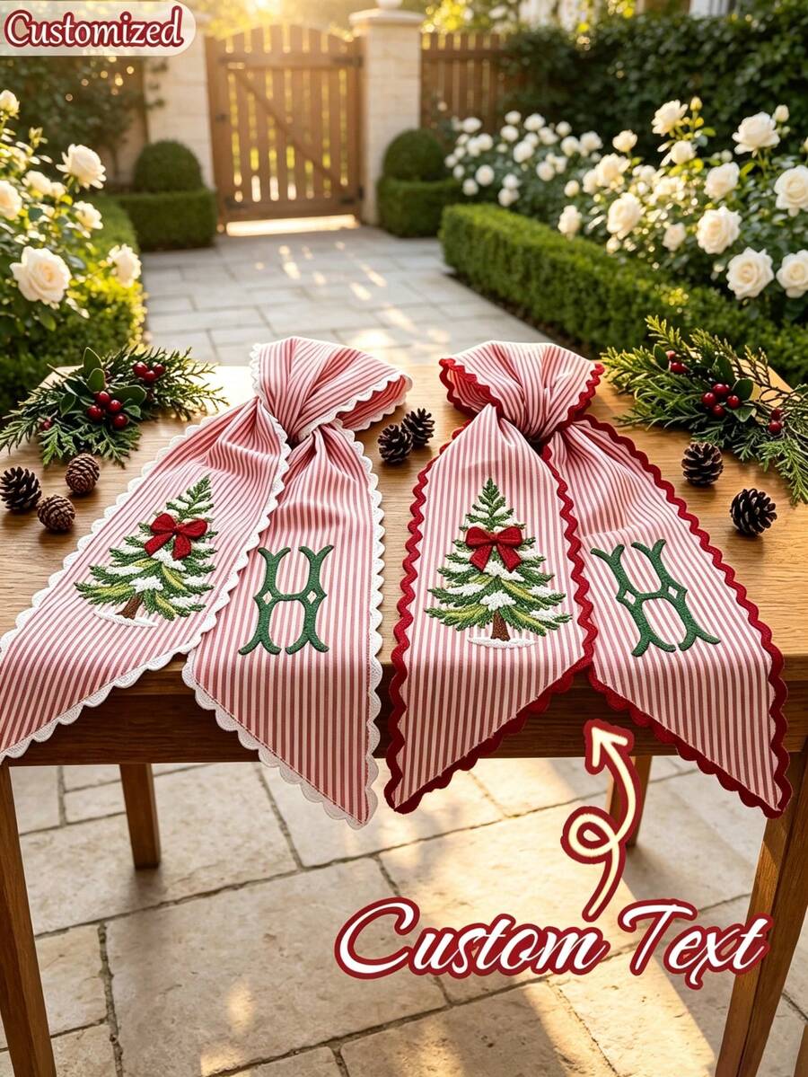 Personalized Christmas Wreath Decoration Ribbon, Customized Tree-Shaped Letter Striped Ribbon, Collegiate Style Holiday Door Decor Wavy Edge Bow, Striped Front Door Decoration Wavy Edge Bow, Holiday Decoration, Christmas Front Door Decoration, Christmas Gift - Multicolor - View 1