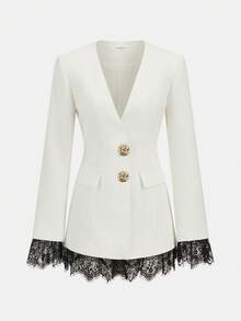 Women's Fashion White Regular Fit Blazer, Contrast Lace Patchwork Cuffs And Hem, Suitable For Autumn/Winter Daily Wear, Party, Office, Casual - White - View 7