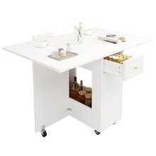 Elegant Dining Table In A Modern Style / Dining Table With Open Storage / Mobile Kitchen Worktop / With 2 Drawers / With Locking Casters / Tabletop Load Capacity Up To 60 Kg / Suitable For Kitchen, Living Room And Dining Room, White - White + MDF - View 11