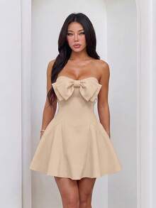 夏季蝴蝶結抹胸純色優雅無袖杏色洋裝，女款音樂會穿搭 - 杏色 - 查看 4