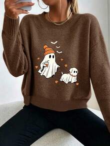 Women Plus Size Long Sleeve Pullover Sweater, Halloween Ghost Walking Dog Funny Print, Loose Casual Top, Suitable For Autumn/Winter - Dark Ochre - View 4