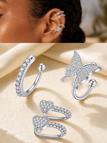 CIZME 3pcs Minimalist 14K Ear Cuff Set Flower Butterfly Cubic Zirconia Ear Clip Earrings, No Piercing Needed, Suitable For Daily Office Wear Gift For Her - Golden and Silvery - View 4