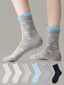 ZUJO 1 Pair/6 Pairs Women's Mid-Calf Socks, Bubble Cuff Bow Pattern, Comfortable, Sweat-Absorbent, Breathable, Classic Versatile For Daily Casual Wear, Suitable For Spring, Summer, Autumn, Random Color - Multicolor - View 2