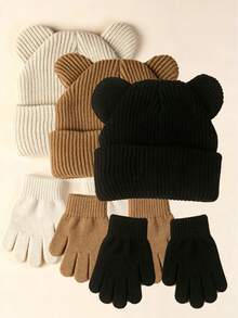 1 Set Unisex Toddler/Baby Knitted Hat + Gloves, Versatile Bear Design Cartoon Hat & Warm Gloves 2 Pieces Set - Set - View 20