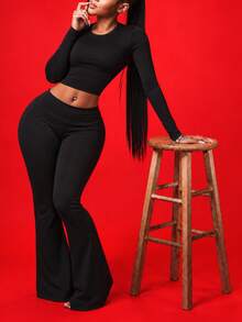 Autumn Casual Women Two Pieces Set Comfy Long Sleeve Tops Black Pant Sets Concert Outfit Women Basic Outfits For Back To School - Black - View 3