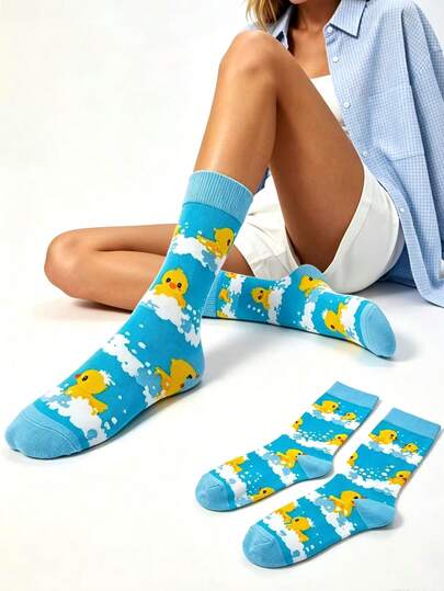 1 Paar Damen Süße Cartoon Enten Muster Mittlere Socken, Weich und Bequem, Geeignet für Alle Jahreszeiten, Modisch Sportlich Elegant Universitätsstil Socken, Geeignet für Erwachsene/Studenten Outdoor und Alltag Freizeitkleidung