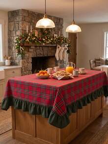 1pc Red & Green Classic Large Plaid Tablecloth, Traditional Country Style, Rectangular Green Leaf Edge With Pleated Details, Stain-Resistant Protective Table Cover, Functional Home Long Tablecloth Suitable For Christmas Family Gatherings And Winter Holiday Kitchen Decor - Red - View 1
