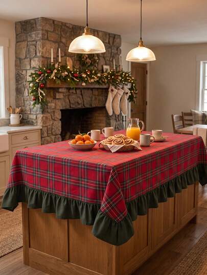 1pc Red & Green Classic Large Plaid Tablecloth, Traditional Country Style, Rectangular Green Leaf Edge With Pleated Details, Stain-Resistant Protective Table Cover, Functional Home Long Tablecloth Suitable For Christmas Family Gatherings And Winter Holiday Kitchen Decor