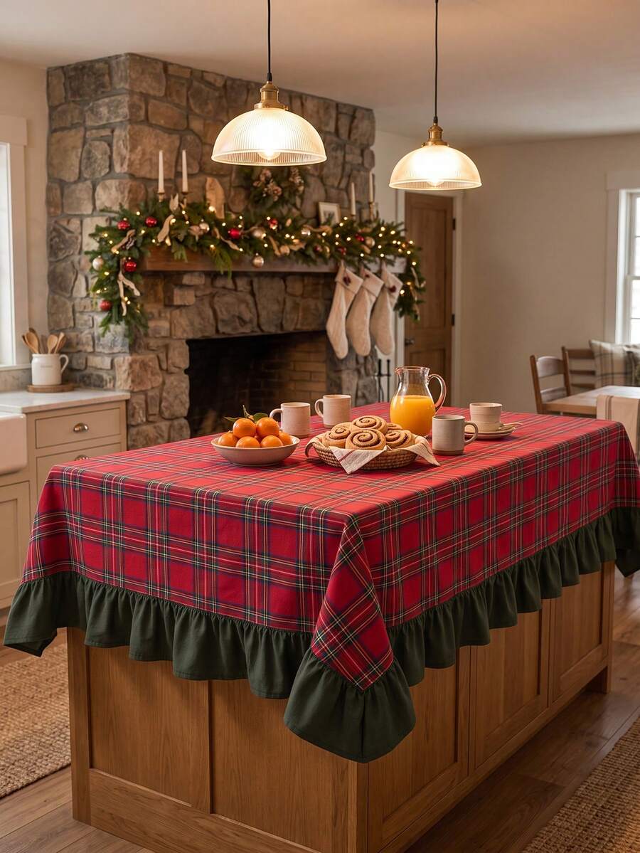 1pc Red & Green Classic Large Plaid Tablecloth, Traditional Country Style, Rectangular Green Leaf Edge With Pleated Details, Stain-Resistant Protective Table Cover, Functional Home Long Tablecloth Suitable For Christmas Family Gatherings And Winter Holiday Kitchen Decor - Red - View 1