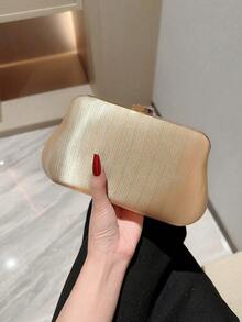 Elegant Champagne Metallic Satin Evening Clutch,Curved Hard Shell With Cross-Woven Stripes,Luxury Women Handbag,For Weddings,Banquets,Cocktail Parties - Apricot - View 5