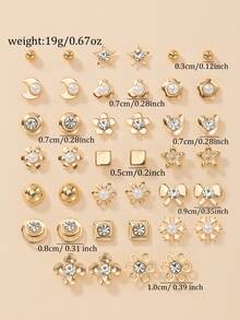 20 Pairs Minimalist Stud Earrings Set, Bow, Flower, Moon, Heart And Geometric Pattern Combination Earrings, Suitable For Women's Daily, Casual, Outing, Vacation Wear, Perfect Gift For Friends - Yellow Gold - View 7