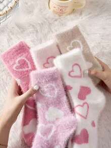 2/4 Pairs White And Pink Fuzzy Women's Mid-Calf Socks, Heart Pattern Warm Socks, Soft And Comfortable, Random Color - Multicolor - View 3