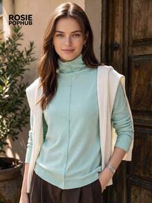 ROSIE POPHUB Women Blue Turtleneck Button Front Long Sleeve Knit Sweater Slim Elegant Commute Christmas Top For Fall Winter - Blue - View 1