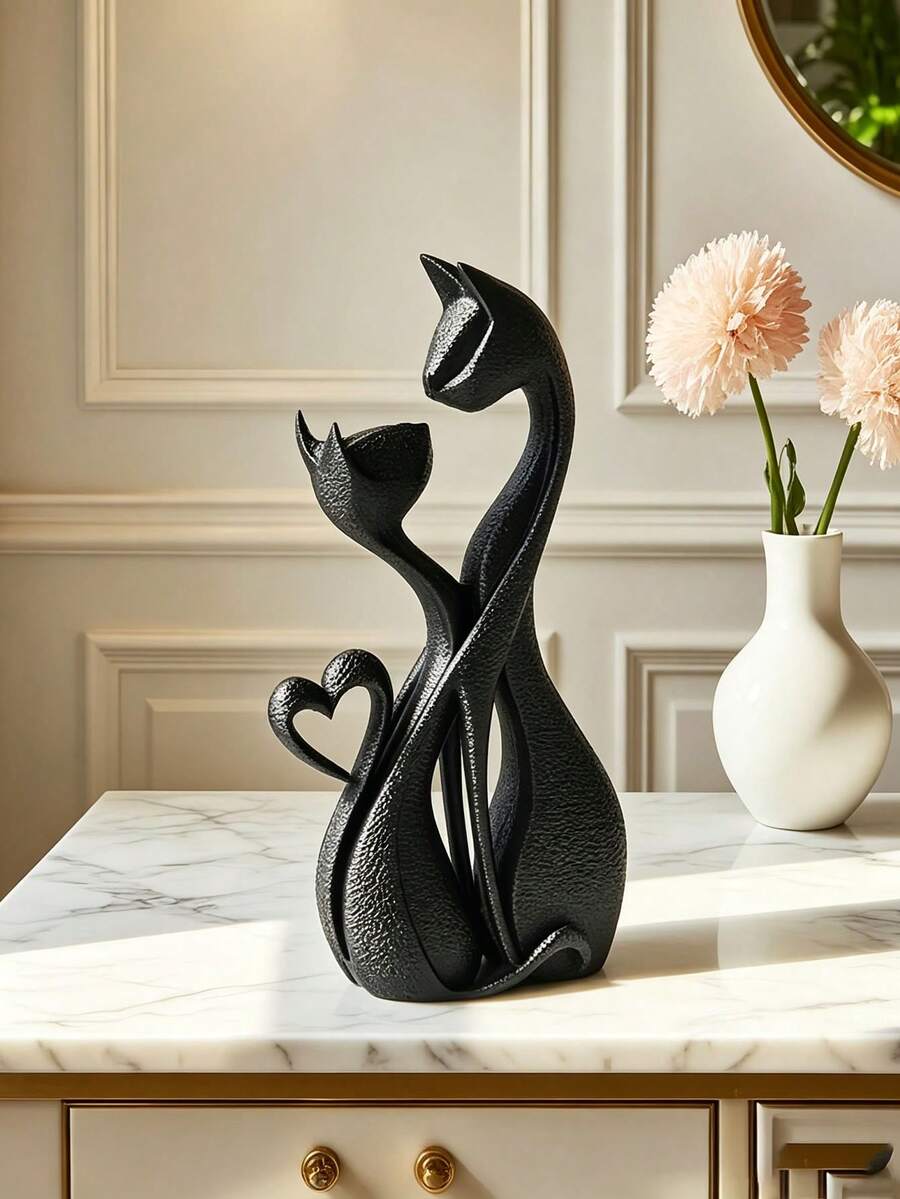 Abstract Couple Cat Figurine, Art Resin Style Cat Statue With Heart Detail, Decorative Animal Sculpture For Tabletop Living Room Bedroom Office Shelf Home Decor, Assorted Solid Colors