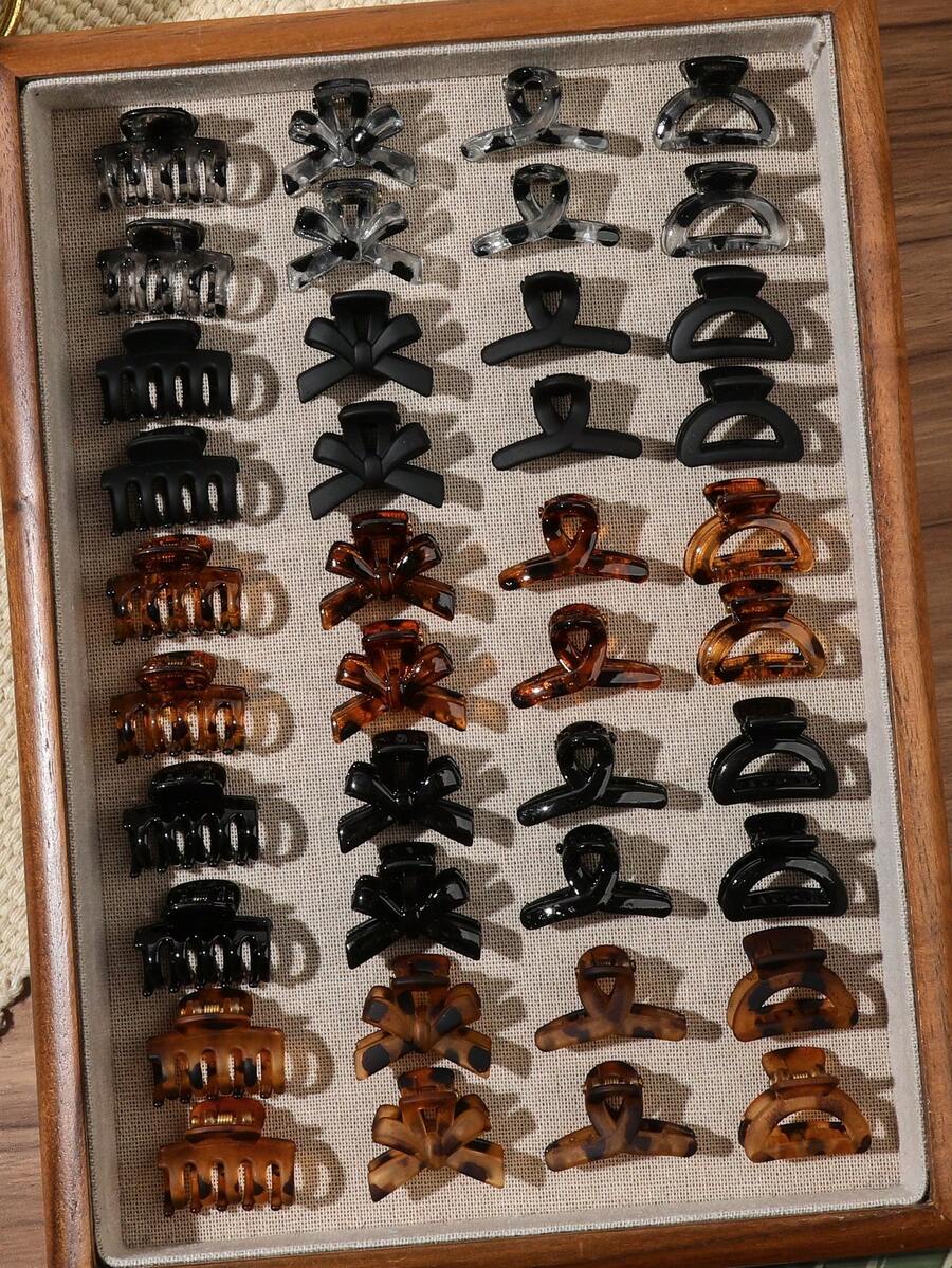 40pcs Set Vintage Maillard Style Mini Hair Claws, Tortoiseshell Bow Cross Pumpkin Half-Circle Small Hair Claw, Simple Versatile Bangs & Loose Hair Accessories - Multicolor - View 1