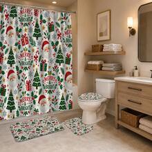 1pc/4pcs Cartoon Santa Claus Head Pattern Multi-Functional Bathroom Decor Shower Curtain Set, Free 12 Hooks, Premium Holiday Atmosphere, Bathroom Mat, U-Shaped Floor Mat And Round Toilet Lid Cover, Suitable For All Scenes Decoration, Bathroom Set - Cartoon Santa Claus Head - View 4